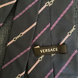 Versace Men’s Tie - Navy Blue with Purple Details - 100% Silk - Made in Italy